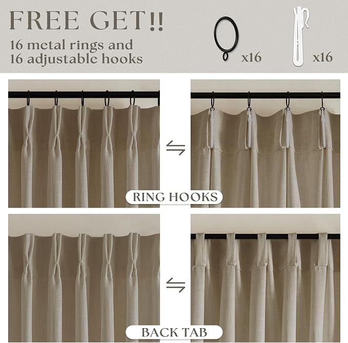 Pinch Pleated Linen Curtains 102 Inches Long 2 Panels Set for Living Room Bedroom Farmhouse Burlap Back Tab Pinch Pleat Drapes Ceiling Floor Window Curtains 102 Inch Length Gray Beige Tan Neutral