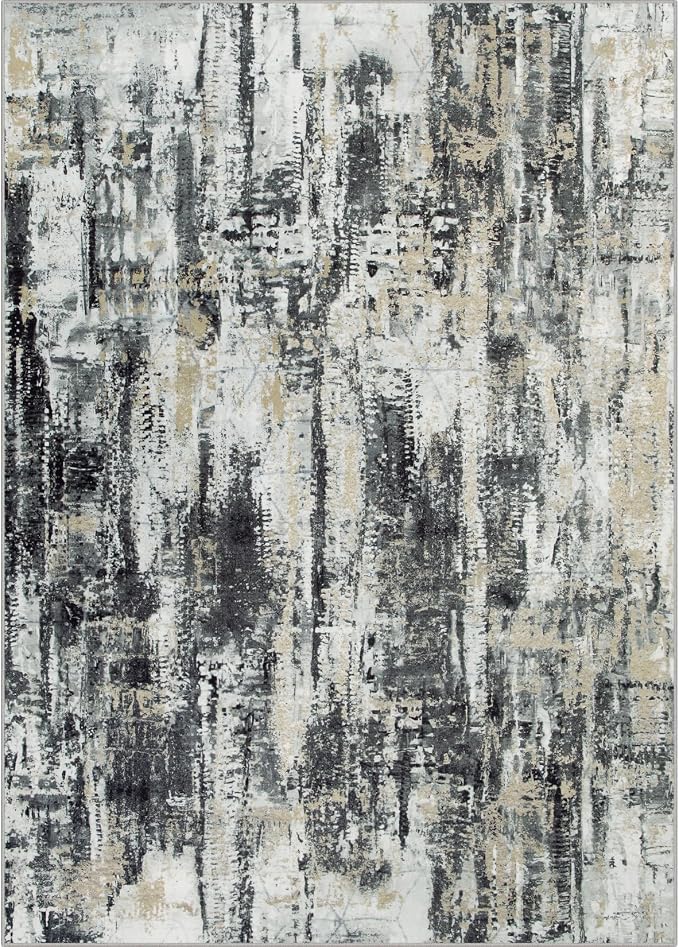9x12 Area Rugs Washable Rug: Modern Abstract Living Room Rug Soft Anti-Skid Thin Carpet Indoor Floor Non-Shedding Carpets for Bedroom Dining Room Farmhouse Nursery Home Office Black Grey Gold
