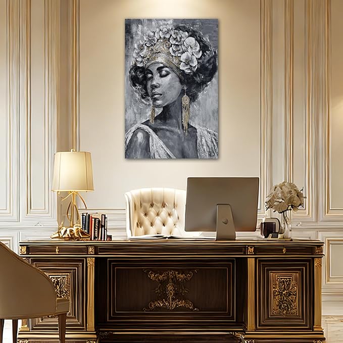ZUNARE Vertical Ethnic Woman Wall Art Grey Gold Abstract Figure Canvas Painting Contemporary Cultural Artwork for Living Room Hallway Office 32x48inch