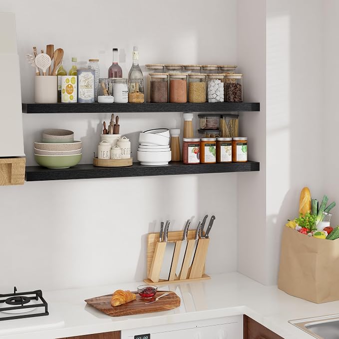 48 inch Floating Shelves, Black Extra Long Floating Shelves with Invisible Brackets, 9.3in Deep Wooden Shelf for Living Room, Bathroom, Kitchen, Office, Floating TV Stand, 2 Packs
