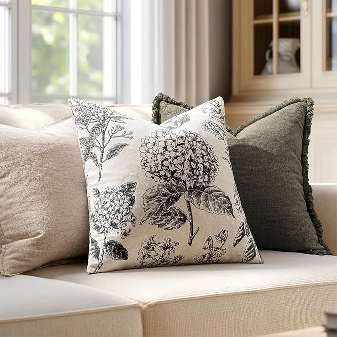 Set of 2 Decorative Floral Neutral Pillow Covers 18x18 Inch Black Hydrangea Print Spring Boho Vintage Throw Cushion Covers for Sofa Couch Porch Bedroom Living Room Summer Home Decor