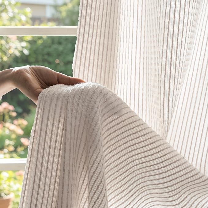 DriftAway 3D Chenille Striped Curtains 90 Inches Long Tweed Linen Textured Light Filtering Woven Embroidered Luxury Soft Drapes for Living Room Bedroom Grommet Privacy 2 Panels W52 x L90 Taupe