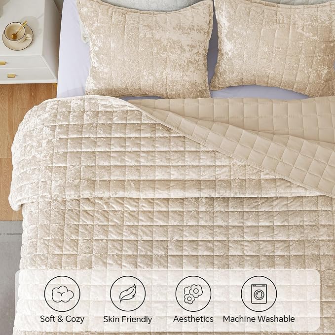 BEDELITE Velvet Quilt Set Queen Size - Luxury Soft Velvet Comforter Bedding Set for All Season, Lightweight Quilted Box Stitch Oversized Bedspread Coverlet with 2 Matching Shams, Shiny Urban Taupe