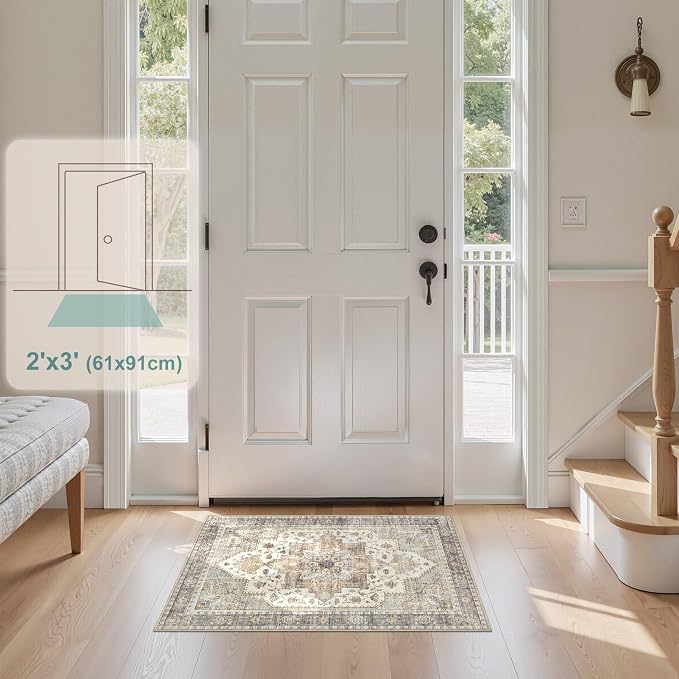 Tortania Area Rug 2x3 Doormat - Washable Vintage Oriental Farmhouse Soft Thin Indoor Carpet for Living Room Bedroom Hallway Entryway Kitchen - Greige