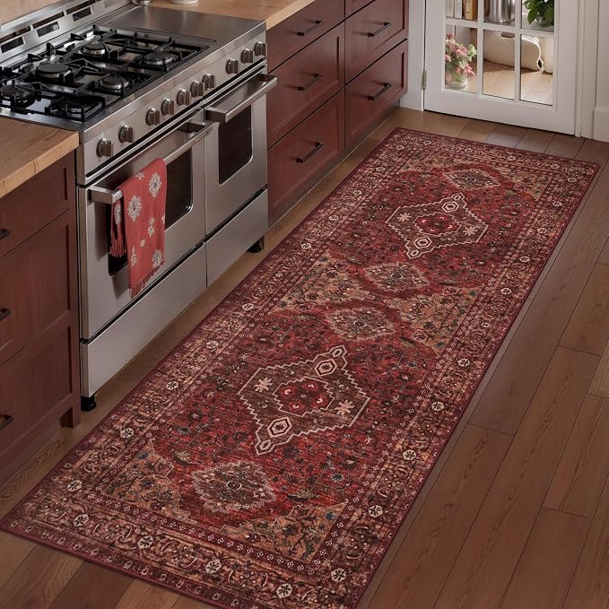 Tangsoo Red Oriental 2x5 Washable Runner Rug for Hallways, Non Slip Boho Runner Rug, Vintage Soft Low Pile Long Rug Runner, Carpet Runners for Kitchen Bedroom Entryway Bathroom Living Room Dark Red