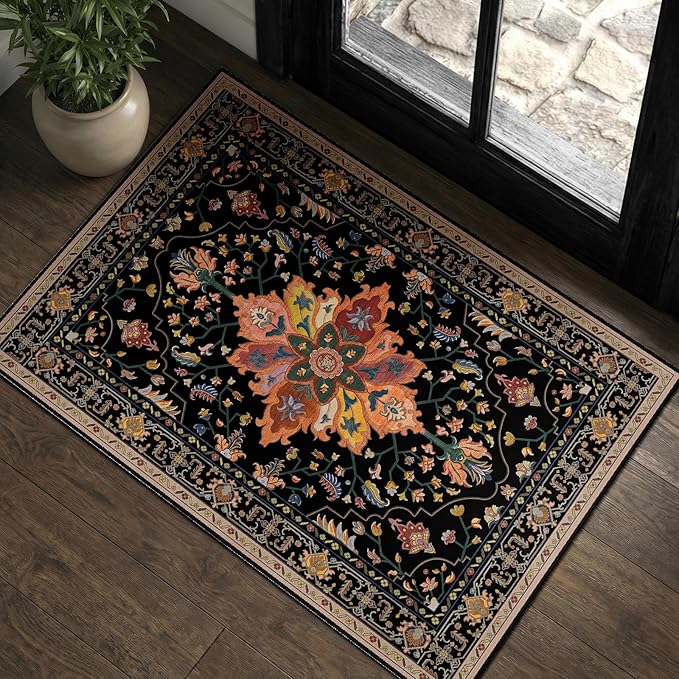 RELEANY Area Rugs 2'x3' Kitchen Rugs Entry Rug Small Rugs for Entryway Kitchen Bathroom Door Mat Indoor Entrance,Washable Non Slip, Black Colorful Floral Dark Tan