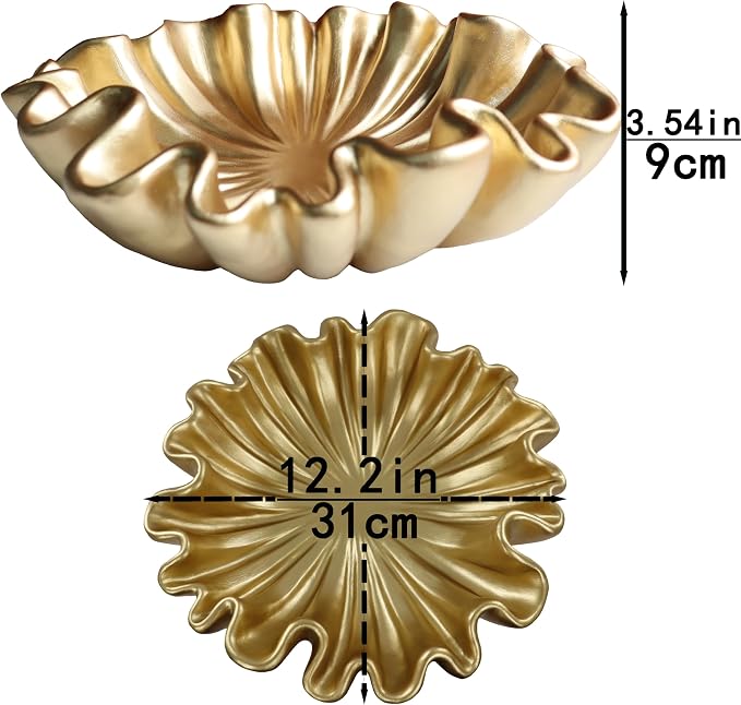 12" Large Decorative Bowl decor - Scalloped Decorative Bowls for Home Decor - Organic Fluted Modern Home Decor,Ruffle Decor key bowl,bowl for keys,Golden
