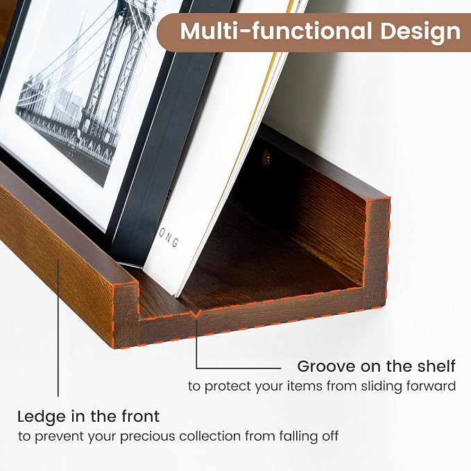 FLYJOE Picture Ledge Wall Shelves 48 Inches Width Set of 3, Solid Pine Wood Rustic Floating Ledge for Kids' Room Bedroom Kitchen Bathroom, Long Floating Shelves for Wall Decor, Walnut