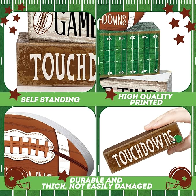 Yuntau 4 Pcs Football Table Decorations Spring Football Tiered Tray Decor Spring Wooden Sign Soccer Centerpiece Decorative Faux Book Stack Block for Coffee Table Fireplace Mantel Floating Shelf