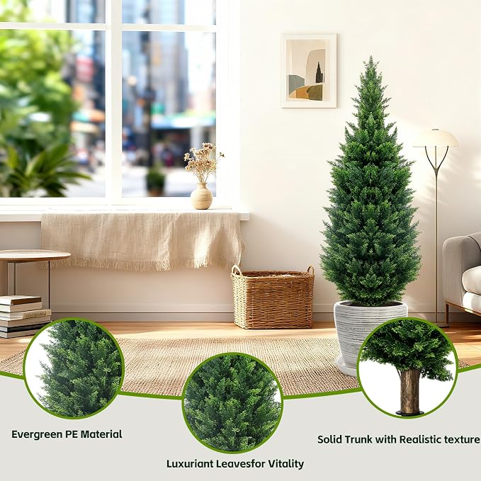 5Ft Artificial Cedar Topiary Trees (2-Pack) - UV Resistant Fake Shrubs with Ground Spike for Outdoor & Indoor Use, Front Porch, Garden Decor