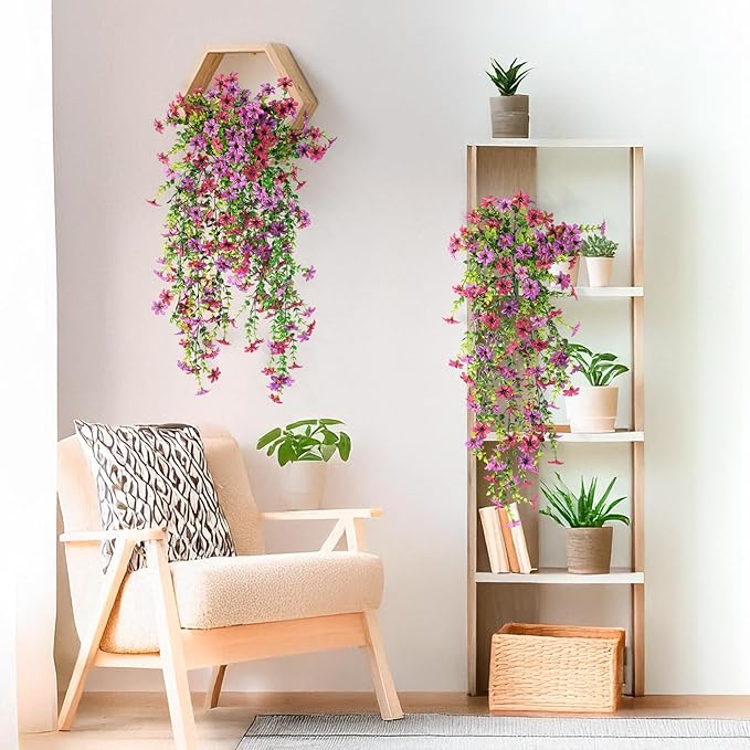 Artificial Fake Hanging Flowers Plants for Outdoor Spring Summer Decoration,2 PCS Faux Silk Daisy with Eucalyptus Leaves,UV Resistant Look Real for Outside Home Planter Porch Patio Balcony Yard Decor
