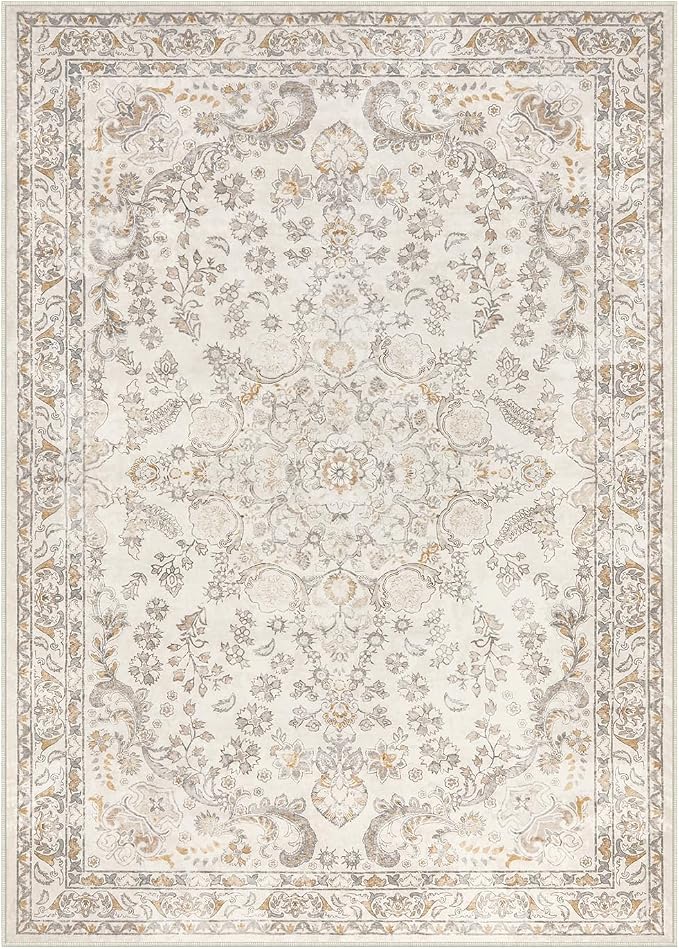 Wonnitar Vintage 5x7 Washable Rug, Neutral Rugs for Living Room Decor, Beige Non Slip Ultra-Thin Soft Boho Floral Room Carpet for Bedroom Nursery Dining Room Farmhouse Office Home Décor