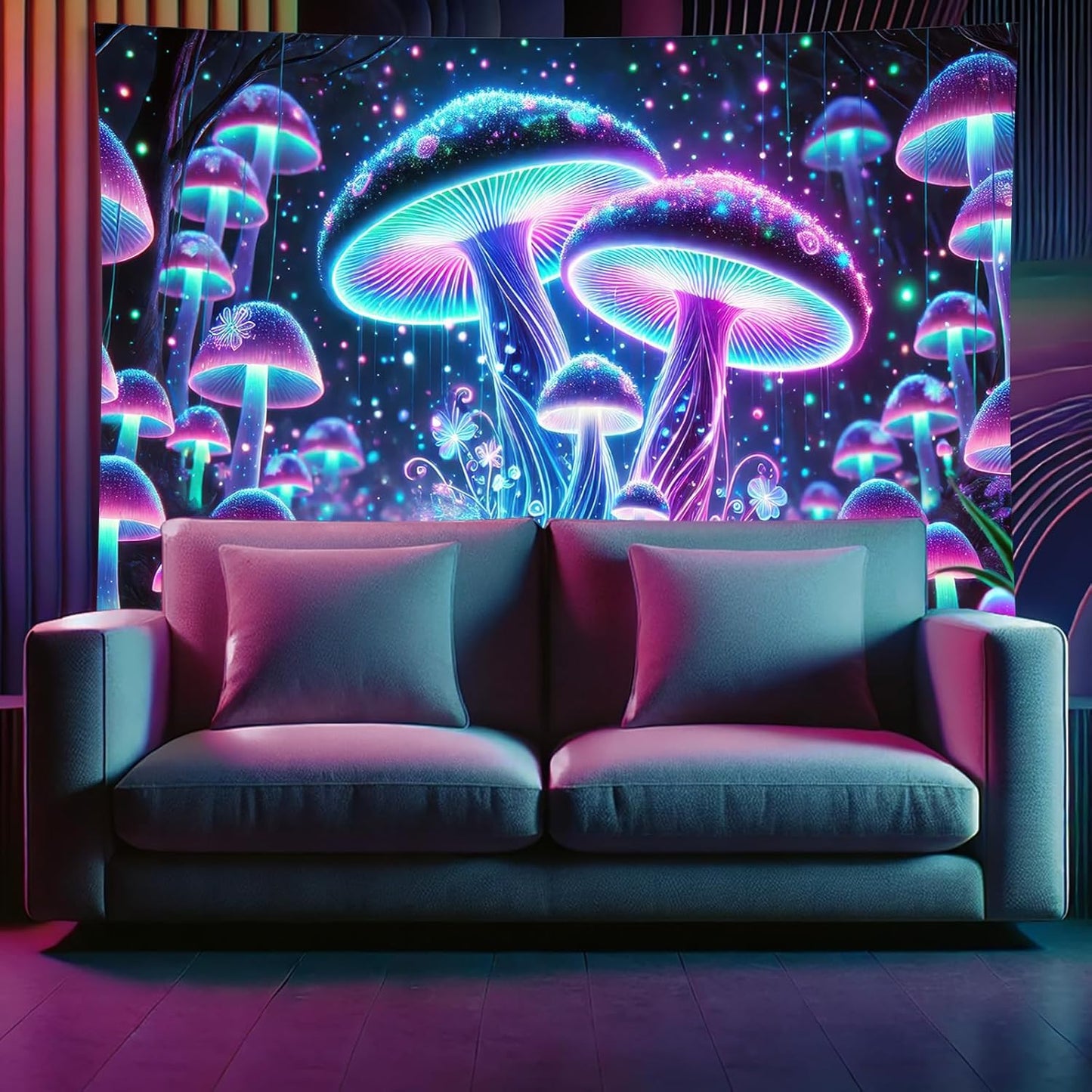 Starlit Patio Blacklight Mushroom Tapestry UV Reactive Trippy Glowing Wall Hanging Tapestry for Bedroom Living Room Dorm Aesthetic Psychedelic Forest Decor Fluorescent Poster Large 78 x 59 Inch