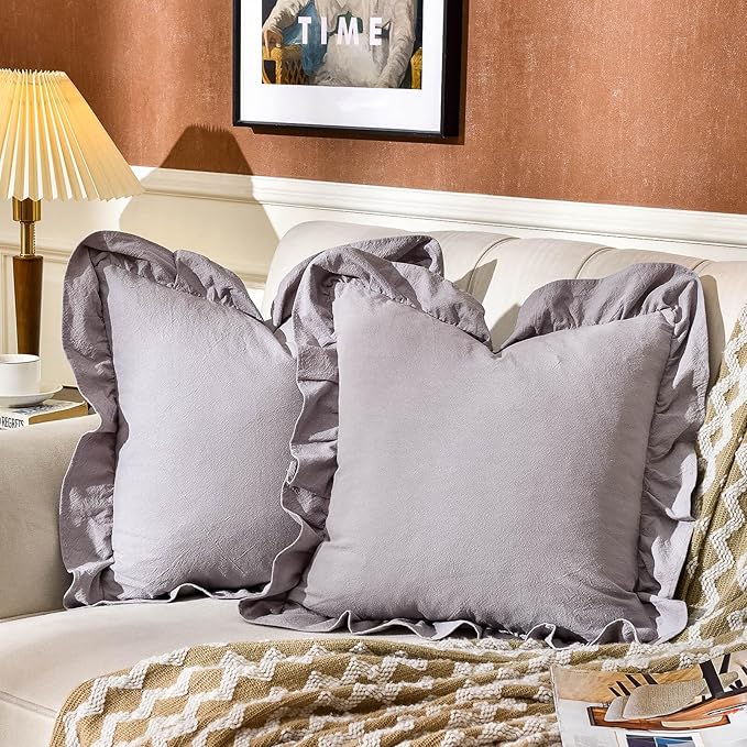AmHoo Pack of 2 Throw Pillow Covers 100% Cotton Pre Washed Ruffle Decorative Pillowcase Cushion for Couch Sofa Bedroom 18 x 18-Inch Light Grey