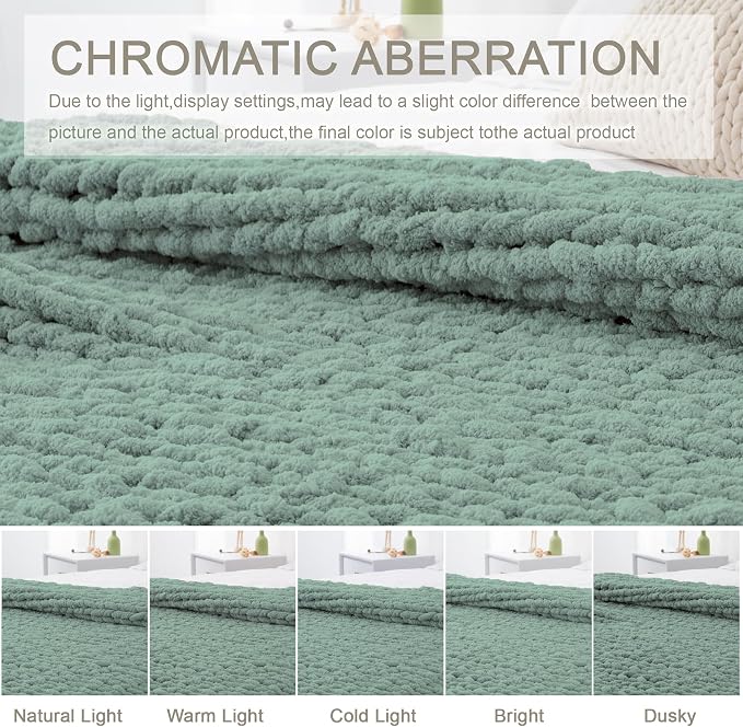 Chunky Knit Throw Blanket 50x60, 100% Handmade Chenille Yarn | 4.4lbs Soft Thick Cable Knitted Blankets, Large Rope Knot Crochet Throws for Couch Sofa Bed Machine Washable, Sage Green