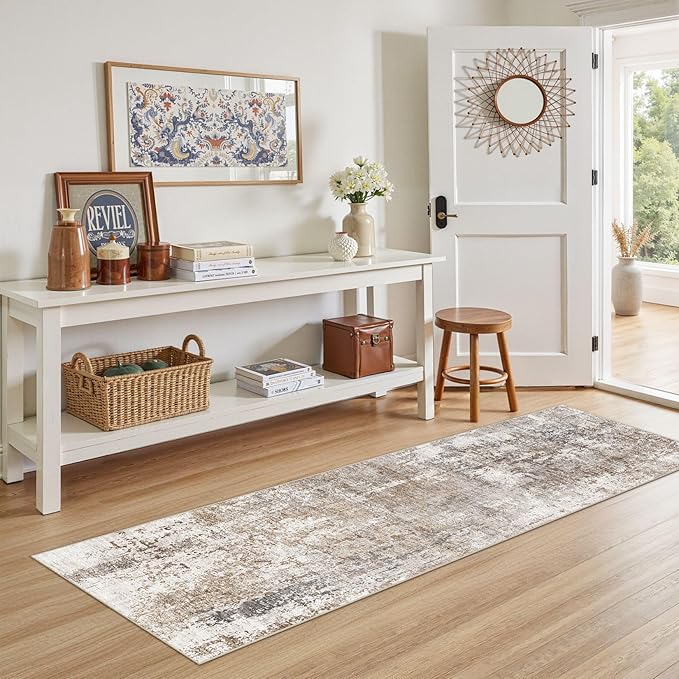 UERMEI 2X6 Washable Runner Rug for Hallway: Soft Neutral Modern Abstract Area Rug - Non-Slip Low Pile Long Throw Indoor Carpet for Kitchen Entryway Kitchen Bedroom Laundry Bathroom - Brown/Grey/Red