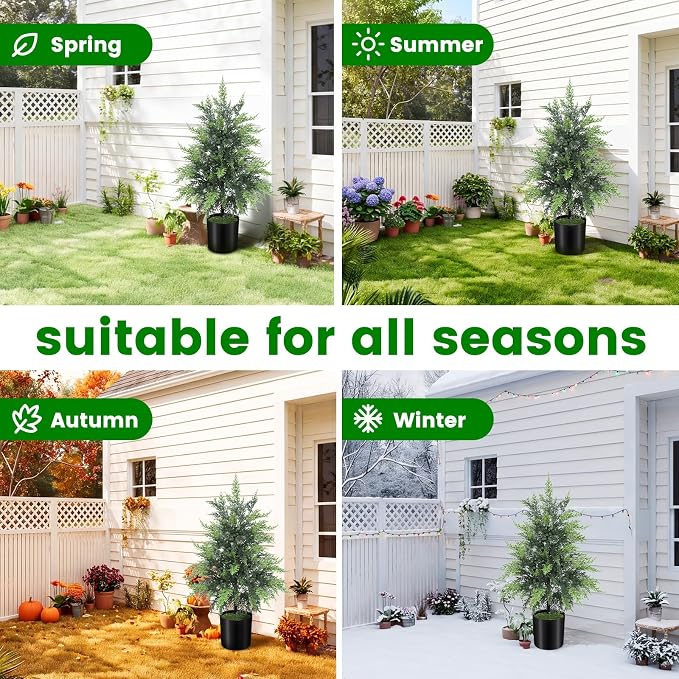 ENVEN Outdoor Artificial Topiary Cedar Tree Real Touch Faux Pine Evergreen Shrub Plant UV Resistant Greenery Tree with Pot Realistic Cypress Front Porch Decor (2FT-1Pack)
