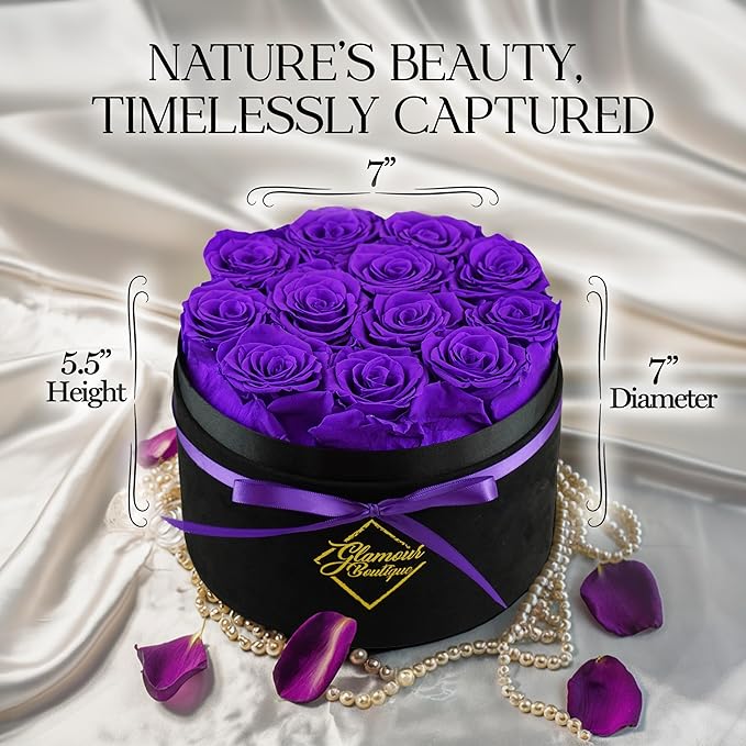 GLAMOUR BOUTIQUE Flowers Forever Gift Box, 12 Real Preserved Roses in Velvet Box, Floral Gift for Her, Mom or Wife for Birthday, Mother’s Day, Anniversary or Graduation, Purple (Color-Treated)
