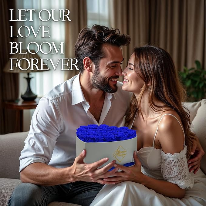 GLAMOUR BOUTIQUE Preserved Roses in a Box - Gifts for Her, Wife & Mom, Rose Flowers Forever Decor for Birthday Gift, Get Well Flower Bouquet Cased in White Box with Cover, Blue, 27 (Color-Treated)
