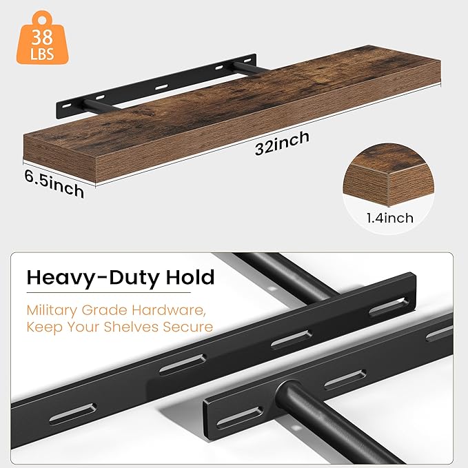 Fun Memories Floating Shelves for Wall, 32 Inch Set of 2 Rustic Wood Wall Shelves with Invisible Brackets, Heavy Duty Storage Display for Living Room Bedroom Kitchen, Brown