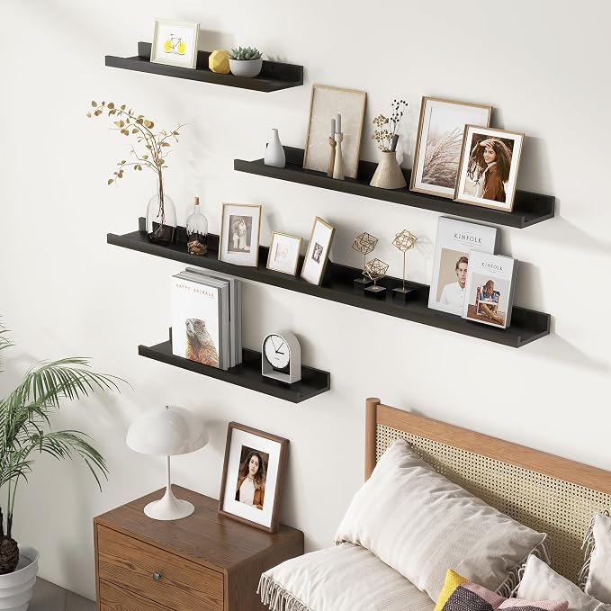 FLYJOE Picture Ledge Wall Shelves 48 inches Width Set of 3, Solid Pine Wood Rustic Floating Ledge Shelves for Wall for Kids' Room Bedroom Kitchen Bathroom Long Floating Shelves for Wall Decor, Black