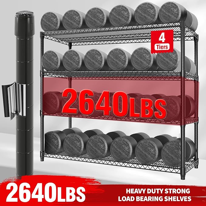 4-Tiers Storage Shelves 59" W x 71.8" H Heavy Duty Garage Shelving Units with Wheels, 2640LBS Rolling Wire Shelving Rack for Garage Kitchen Warehouse Industrial Pantry