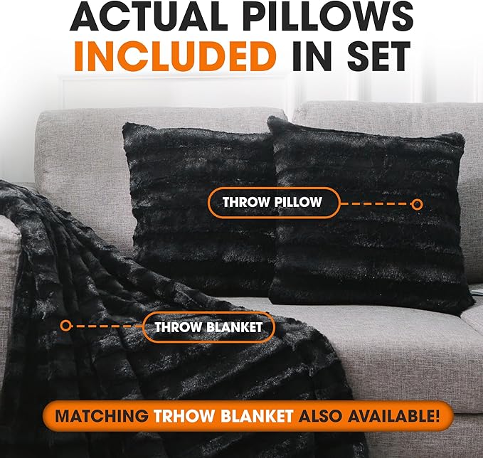 Cheer Collection Faux Fur Throw Pillows - Decorative Pillows for Couch, Bed Throw Pillows, Black Accent Pillows for Bedroom or Living Room Aesthetic, Set of 2 Furry Throw Pillows, 18”x18”