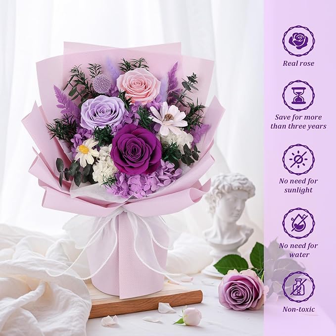 Flowers for Delivery Prime Preserved Flowers Bouquet with Vase That Last 3-5 Years Real Forever Flowers Purple Rose Bouquet for Mom Mother Women Wife Friends Birthday Mothers Day Gifts