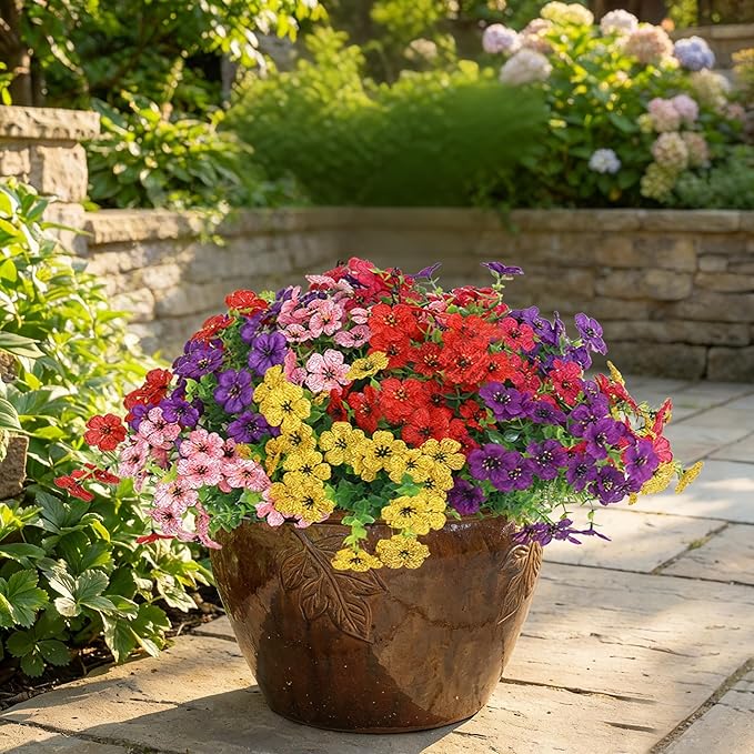 Senjie 12 Bundles Artificial Flowers Bulk for Outdoor Decor, UV Resistant Fake Plastic Flowers, Faux Flowers for Porch Patio Window Boxwood Garden