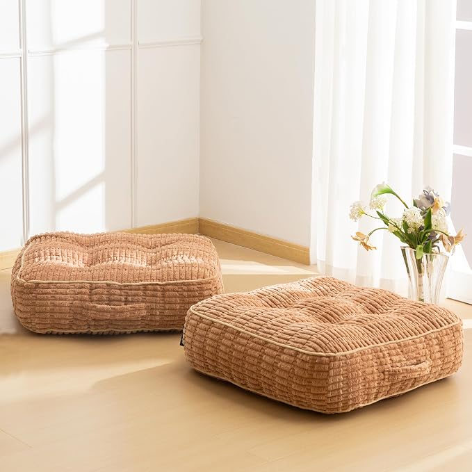 HIGOGOGO 6" Floor Pillow Cushion for Adults, Meditation Cushion Pillow, Blended Corduroy Cover, Large Square Floor Sitting for Tatami Living Room or Yoga, 2Pack, Coffee