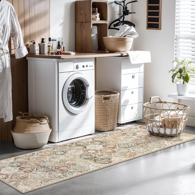 Lahome Moroccan Trellis Hallway Runner Rug, 2x6 Kitchen Runner Rugs Non Skid Washable, Vintage Laundry Room Rug Ultra-Thin Long Carpet for Bathroom Bedroom Entryway Elise, Khaki