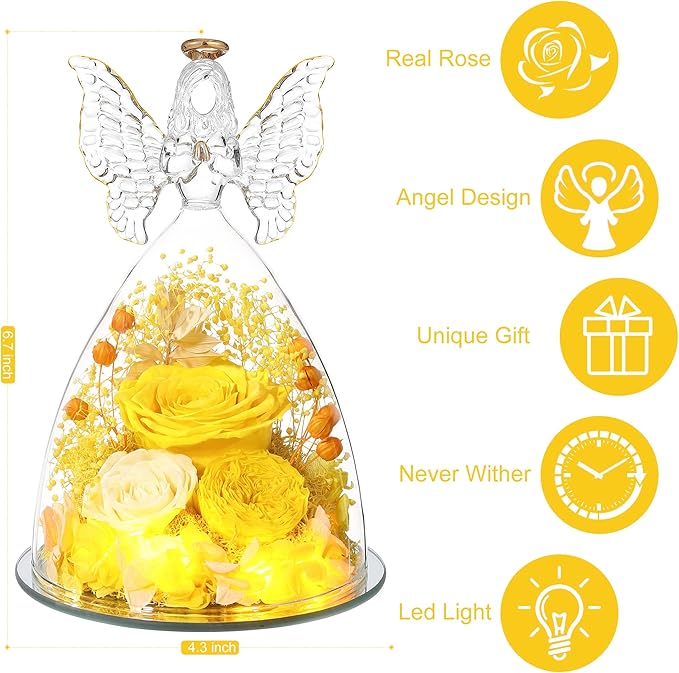 Mothers Day Rose Gifts for Women Preserved Real Flower in Glass Angel Figurines Roses for Delivery Prime Birthday Gifts for Mom Grandma Girlfriend Wife Her,Yellow Austin Roses
