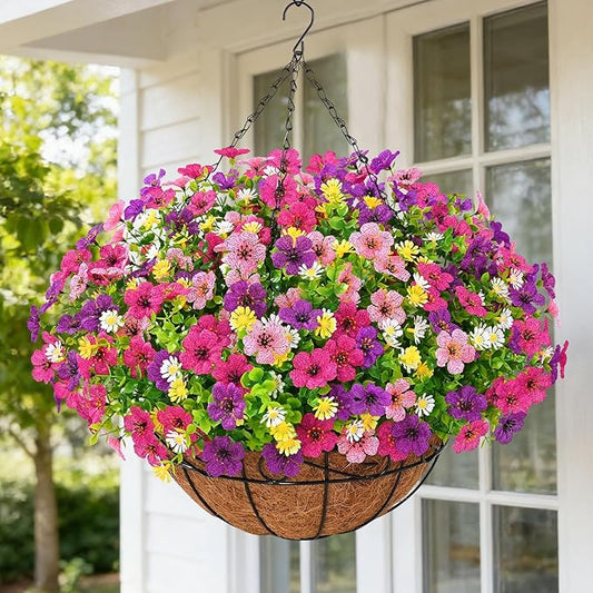 Artificial Hanging Flowers for Outdoors, Fake Hanging Plants with 12" Baskets, 12 Pcs UV Resistant Artificial Hanging Flowers for Decoration Outdoors Garden Patio Porch Yard Spring Summer Decor