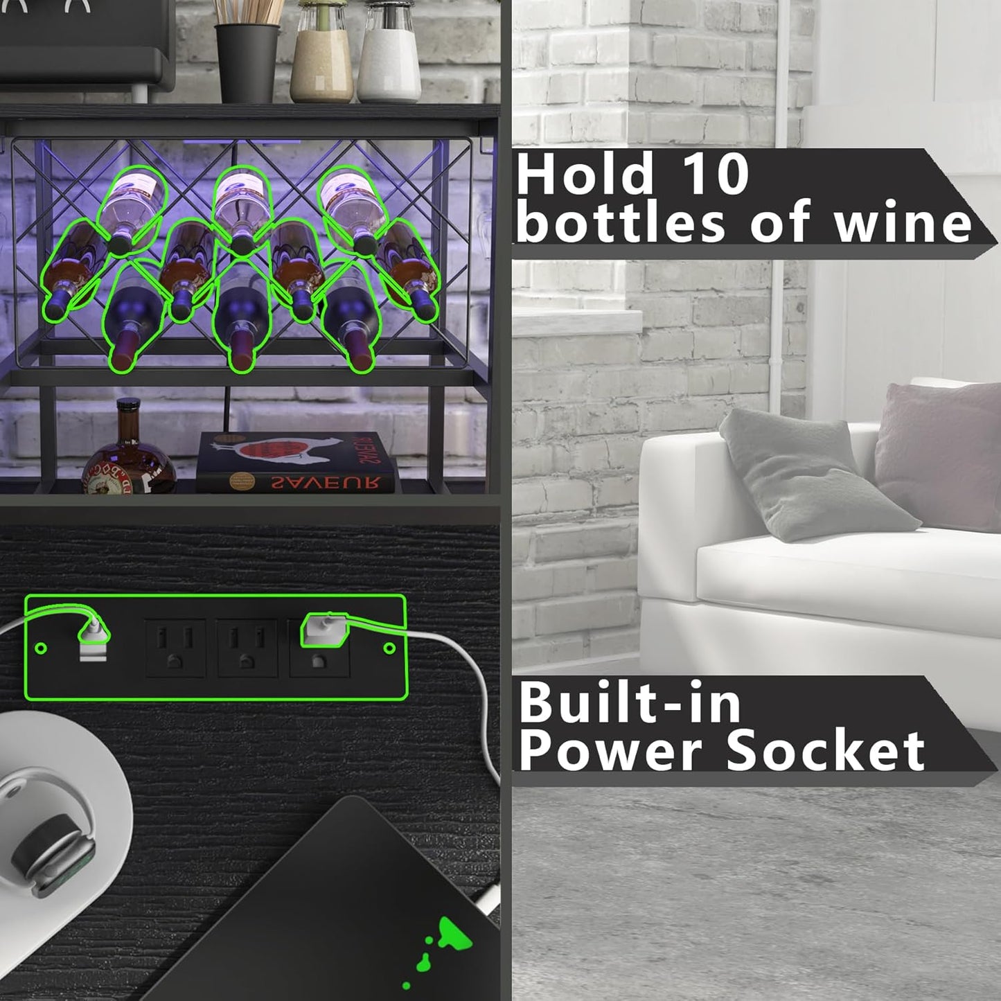 Wine Cabinet Coffee Table with Power Socket and LED Light, Three Tiers Coffee Bar Table Wine Rack Liqour Bar with Large Storage for Home Kitchen (Black)