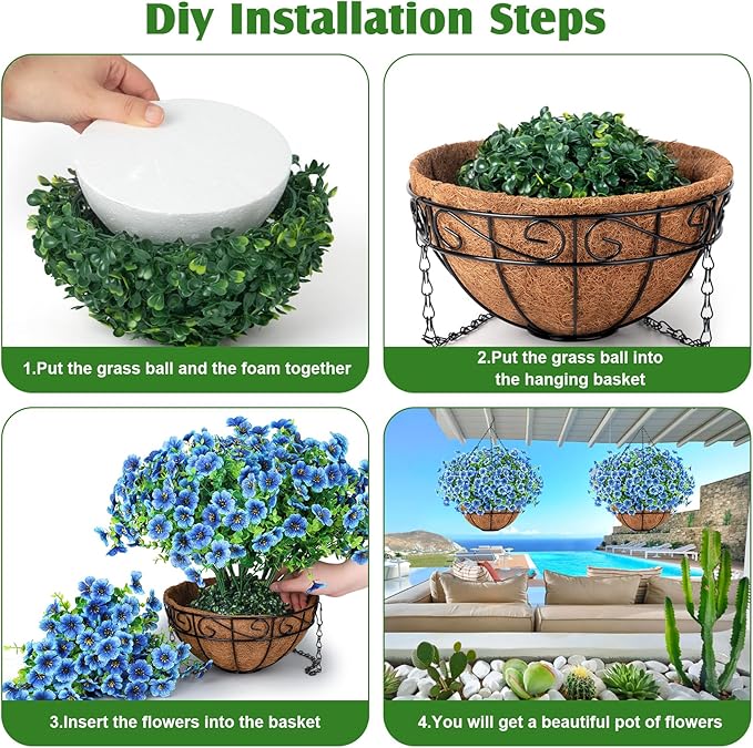 Ouddy Decor Artificial Hanging Flowers with Basket, Fake Hanging Plants with Faux Silk Flowers UV Resistant for Outdoors Indoors Spring Summer Porch Patio Balcony Yard Home Decorations, Blue