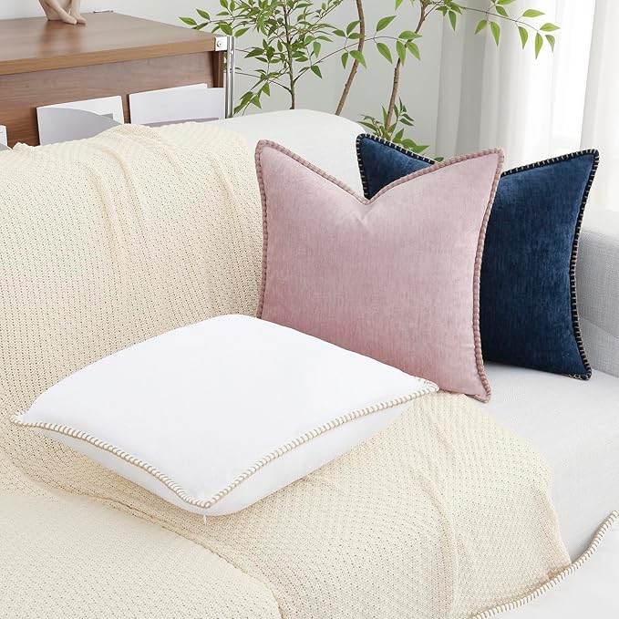 decorUhome Summer Chenille Soft Cozy Throw Pillow Covers 12x20 Set of 2, Modern Farmhouse Boho Velvet Decorative Pillow Cases with Stitched Edge for Couch Sofa Bed Home Decor, White