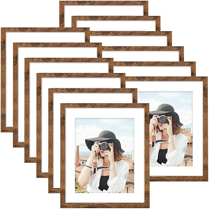 Picrit 10x12 Picture Frame Set of 12, Display 8x10 with Mat or 10x12 without Mat, Photo Frames for Wall Mounting or Table Top Display, Brown