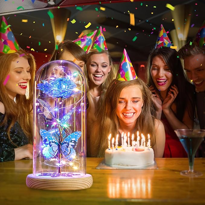 Beferr Birthday Gifts for Women Galaxy Glass Rose Forever Preserved Flowers for Delivery Light Up Rose in Glass Dome Mothers Day Butterfly Gifts for Mom Wife Grandma Her Daughter Girlfriend
