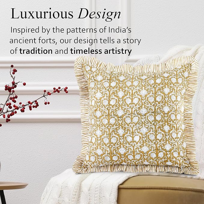 CPC Block Print Ruffle Throw Cover Mustard Regal 20"x20" Inch Pack of 2-100% Cotton Ruffle Couch Decorative Boho Pillows Case for Living Room, Bedroom, Sofa, Farmhouse Gift for Spring, Mother's Day