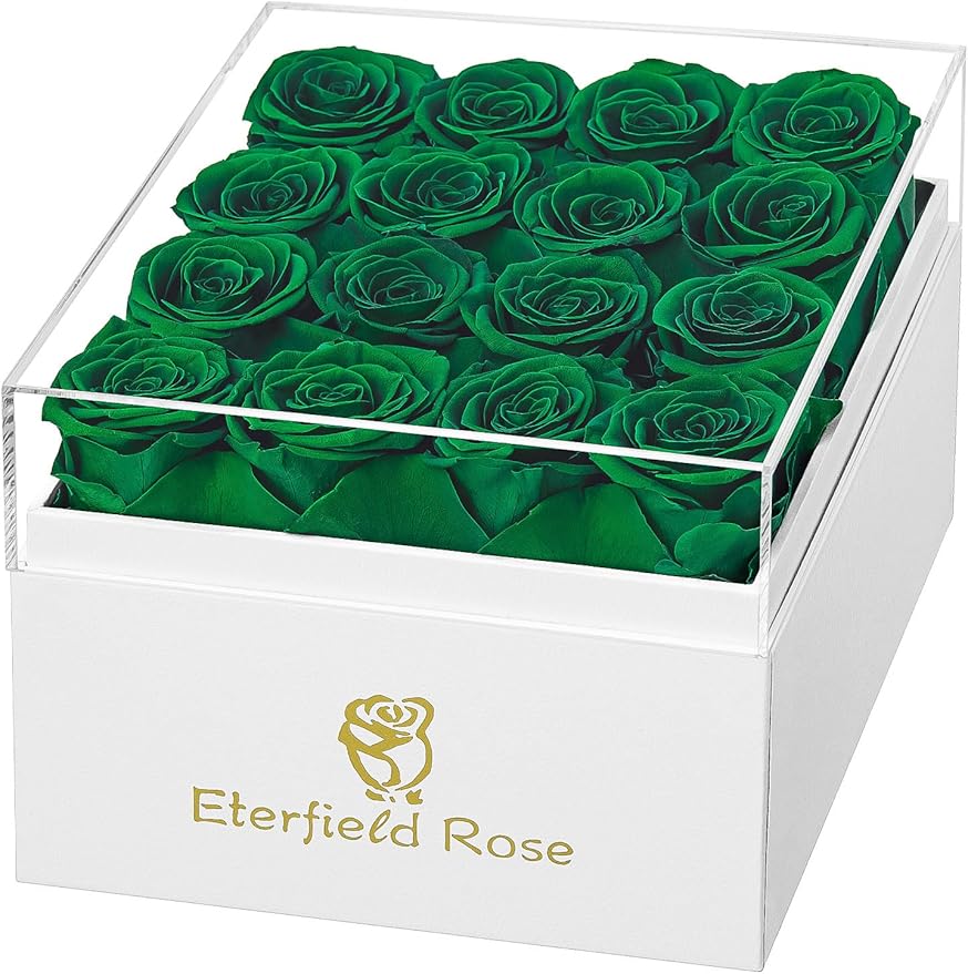 Eterfield Forever Flowers Preserved Roses Real Roses that Last Over a Year Rose Box Gifts for Her Mothers Day Valentines Day Christmas (Square White Box, 16 Blackish Green Roses)