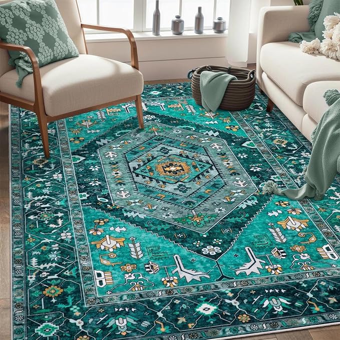 SERISSA Area Rug 3x5 Boho Teal Rugs for Bedroom, Washable Kitchen Rugs Non-Slip, Ultra Soft Print Distressed Tribal Entry Rug Low-Pile Throw Rug Carpet for Bedroom Nursery Living Room Dorm Decor