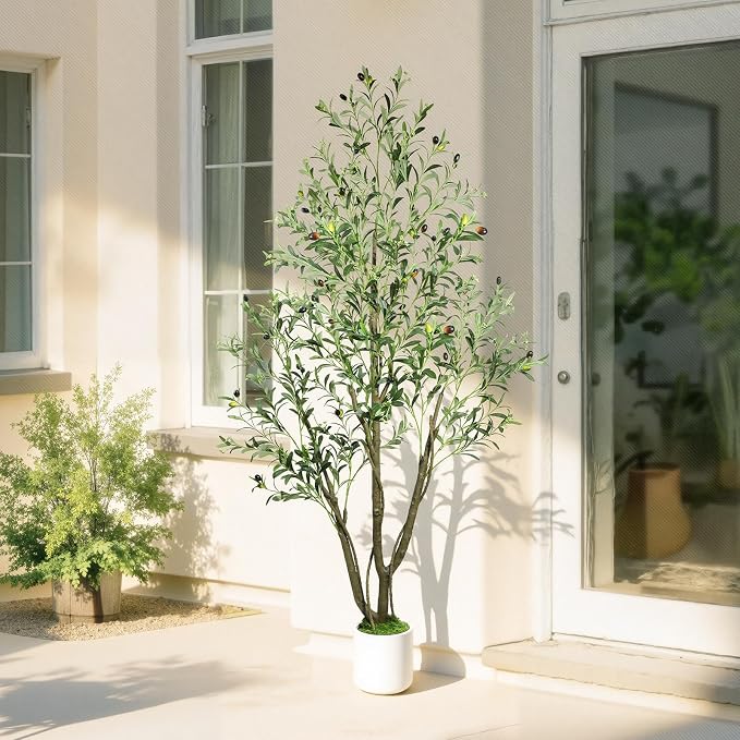 Caxchiling Artificial Olive Tree 6FT, Indoor Outdoor Faux Tree | Natural Trunk with Olive Fruits and Buds in White Planter for Home Office Living Room