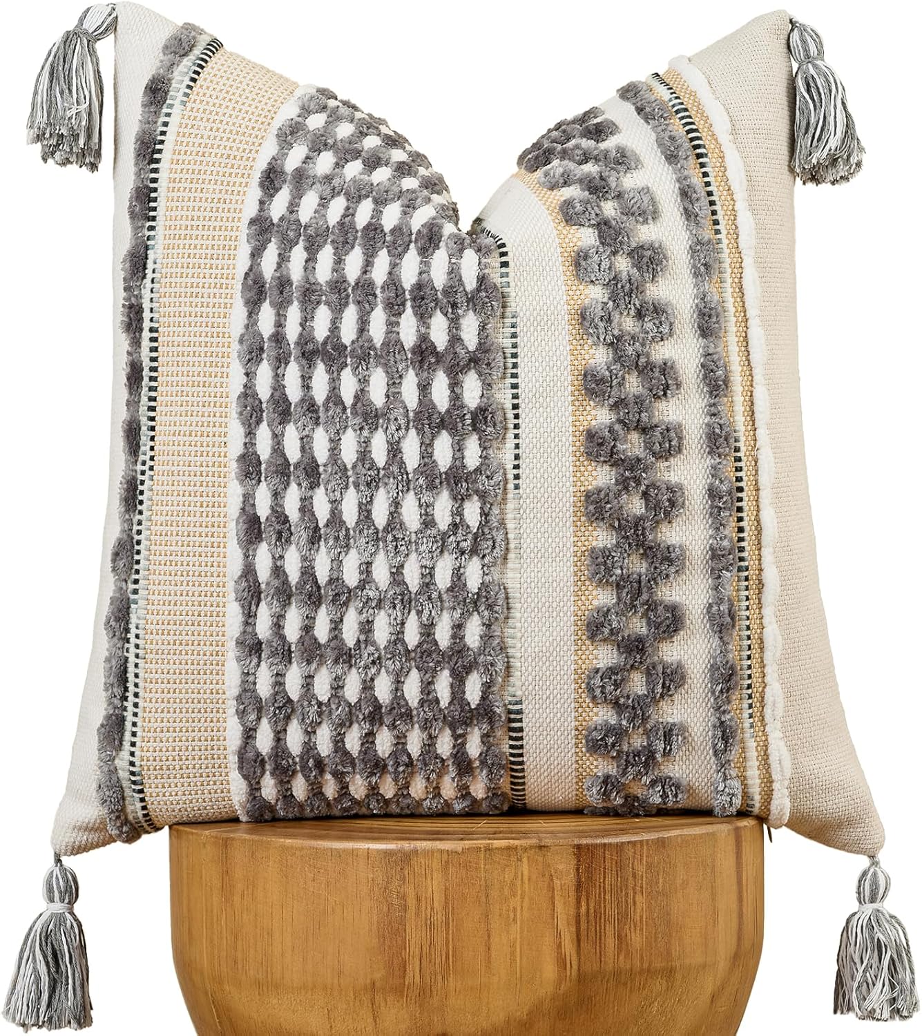 AmHoo Chenille Striped Textured Boho Throw Pillow Covers Aesthetic with Tassels Woven Decorative Pillow Case for Couch Bed Sofa Bedroom Modern Funky 18 x 18-Inch Grey White