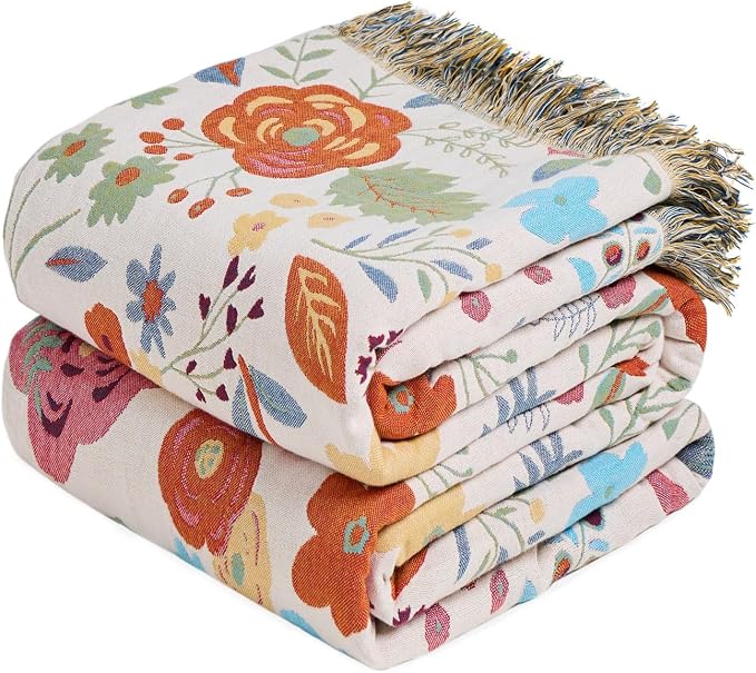 MSGKV Boho Throw Blanket for Bed Twin Size 100% Cotton Floral Blanket 60"x80" for Sofa Couch Muslin Summer Breathable All Seasons Lightweight Farmhouse Blankets Home Decor