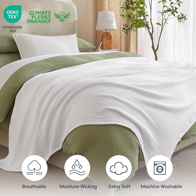 PHF 100% Cotton Muslin Blanket King Size 108"x90", 4-Layer Lightweight Gauze Throw, Breathable Cloud-Soft Minimalist Blanket for Bed, Couch, Camping & Baby, White, Ideal Gift