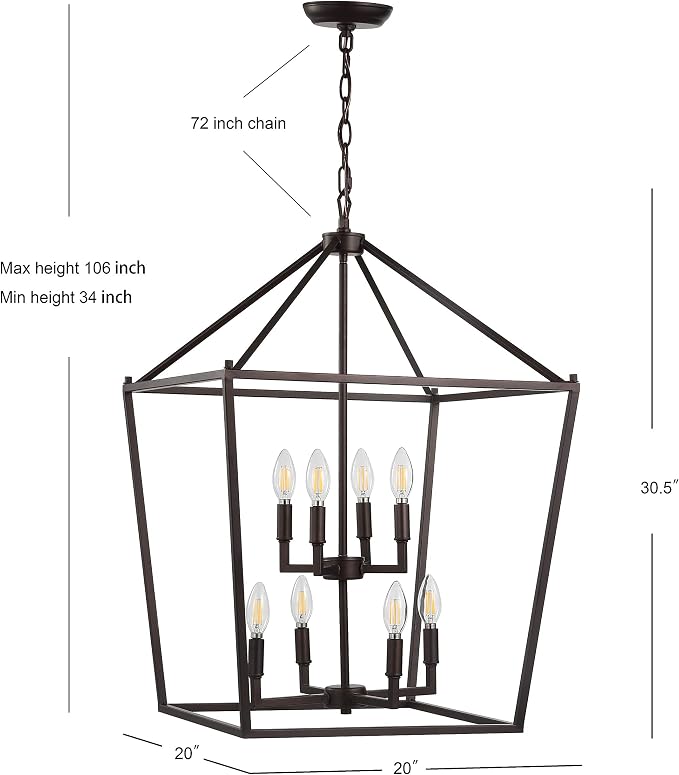 JONATHAN Y 20" Oil Rubbed Bronze Lantern Pendant Light, 8-Light Pagoda Style Metal Cage Farmhouse Hanging Ceiling Fixture for Kitchen Island, LED Bulb Included (JYL7438A)
