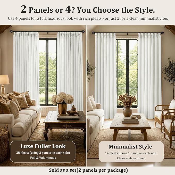 Pinch Pleated Linen Curtains 84 Inch, 2 Panels Premium 400GSM Memory Trained Semi Sheer Light Filtering Window Drapes for Living Room Bedroom Dining, Back Tab & Adjustable Hooks Rings , Natural White
