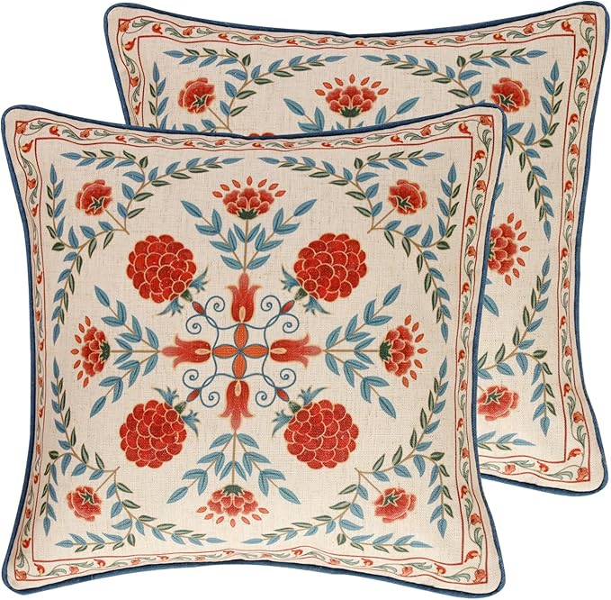 patdrea French Vintage Linen Throw Pillow Cover,18"x18",Set of 2-Puno A | Elegant Decorative Pillow Case with Zipper,Elegant Floral Pattern,Pillow Cover for Couch Living Room Bedroom Sofa