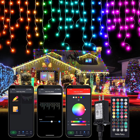 Brightown Smart Icicle Lights for Outside, 33Ft 304 LED RGB Smart Christmas Lights with 58 Preset Modes, App or Remote Control, Music Sync, Memory and Timer Function for Indoor/Outdoor Use