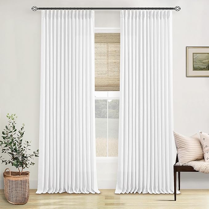 TWODRAPES Snow White Pinch Pleated Linen Curtains 92 Inches Long 2 Panels for Living Room Bedroom Memory Training Shaped Semi Sheer Pleat Drapes with Hooks Rings Light Filtering Window Curtain 40x92
